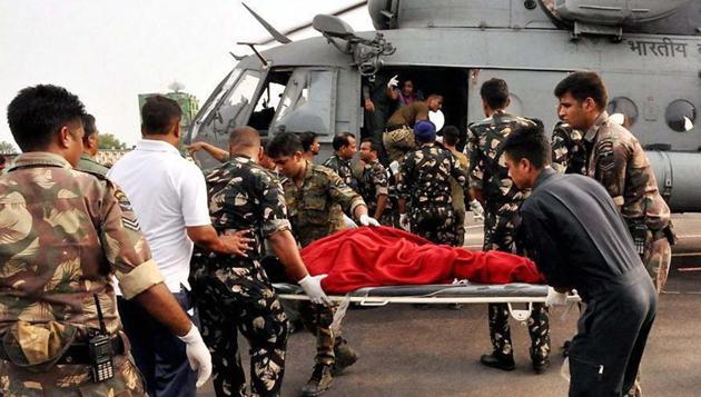 Injured pilgrims and passengers being taken to hospital by the rescue team of IAF at Air Force Station Jammu on July 16, 2017. At least 16 Amarnath pilgrims were killed and around 30 others injured when their bus skidded off the Jammu-Srinagar national highway and rolled down into a deep valley. (PTI) Injured pilgrims and passengers being taken to hospital by the rescue team of IAF at Air Force Station Jammu on July 16, 2017. At least 16 Amarnath pilgrims were killed and around 30 others injured when their bus skidded off the Jammu-Srinagar national highway and rolled down into a deep valley. (PTI)