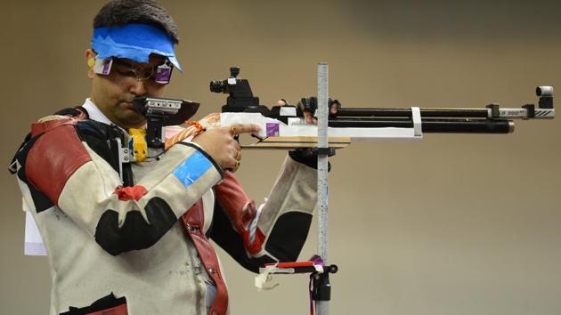 Bronze medallist Gagan Narang of India competes in the Men's 10m Air Rifle Shooting final on Day 3 of the London 2012 Olympic Games at The Royal Artillery Barracks in London, England. (Lars Baron / Getty Images) Bronze medallist Gagan Narang of India competes in the Men's 10m Air Rifle Shooting final on Day 3 of the London 2012 Olympic Games at The Royal Artillery Barracks in London, England. (Lars Baron / Getty Images)