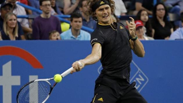 Alexander Zverev hits a forehand return against Kei Nishikori of Japan in a men's singles semifinal of the Citi Open at Fitzgerald Tennis Center in Washington on Saturday.(Reuters)