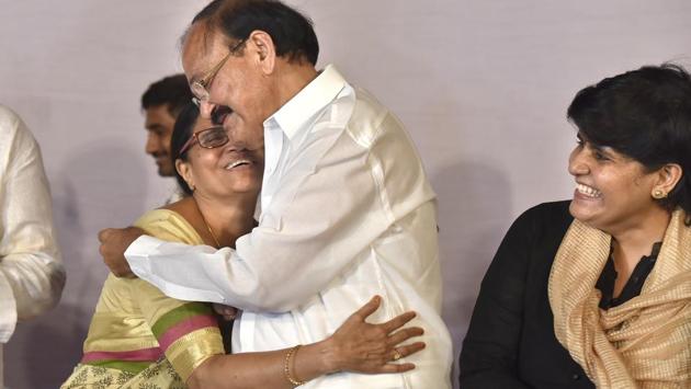 Elected Vice President M Venkaiah Naidu with his wife and family members after vice president's election result at his residence in New Delhi. (Arvind Yadav/HT PHOTO) Elected Vice President M Venkaiah Naidu with his wife and family members after vice president's election result at his residence in New Delhi. (Arvind Yadav/HT PHOTO)