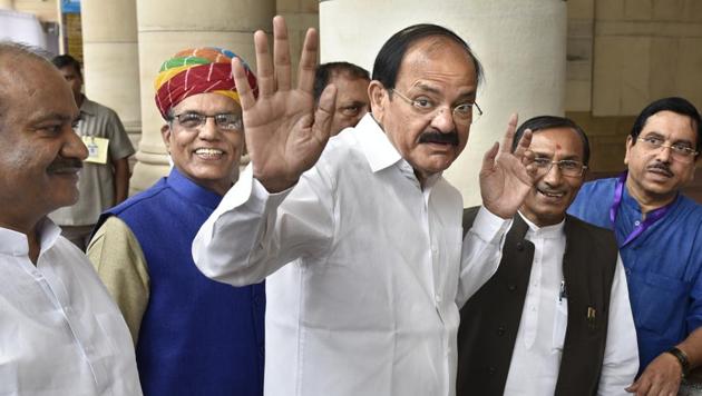 Vice President elect M Venkaiah Naidu at Parliament House in New Delhi on Saturday after casting his vote. (Arvind Yadav/HT PHOTO) Vice President elect M Venkaiah Naidu at Parliament House in New Delhi on Saturday after casting his vote. (Arvind Yadav/HT PHOTO)