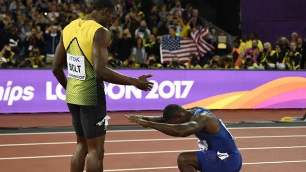 Usain Bolt and Justin Gatlin (right) after the men’s 100m final at the IAAF World Championships of Athletics in London on Saturday. (Reuters) Usain Bolt and Justin Gatlin (right) after the men’s 100m final at the IAAF World Championships of Athletics in London on Saturday. (Reuters)