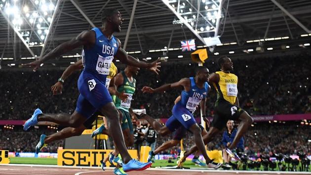 (L-R) Justin Gatlin wins the 100 m final on Saturday night, edging out Christian Coleman and Usain Bolt at the IAAF World Championships of Athletics in London. (AFP)