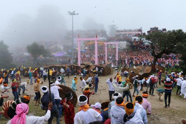 Bagwal is an ancient religious practice under which two groups of devotees used to pelt stones on each other during Devidhura fair, resulting in serious injuries. The devotees believed that the bloodshed would please the local goddess, Varahi.(HT File Photo)