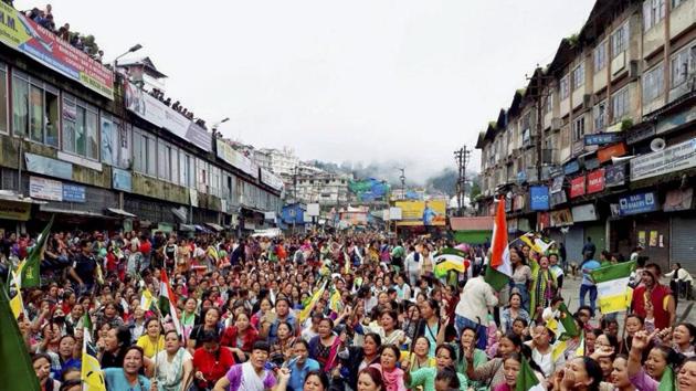Nari Morcha members hold a khukri rally in support of a separate state of Gorkhaland, in Darjeeling on Friday. (PTI photo) Nari Morcha members hold a khukri rally in support of a separate state of Gorkhaland, in Darjeeling on Friday. (PTI photo)