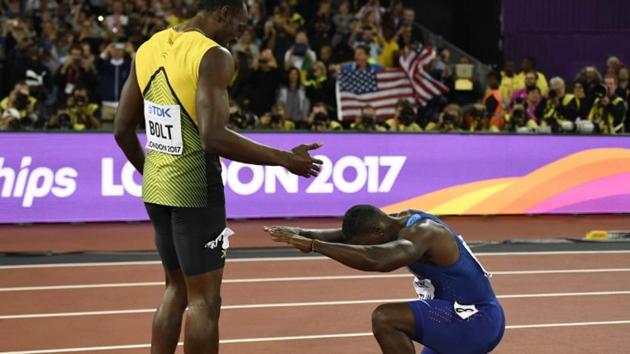 Justin Gatlin bows to third placed Usain Bolt of Jamaica after winning the 100m final at the IAAF World Championships of Athletics in London on Saturday. It was Bolt’s last solo 100m race. He will return to the track in the 4x100 metre relay next weekend. (Reuters)