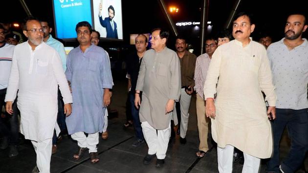 Senior Congress leaders Bharatsinh Solanki, Arjun Modhwadia, Ahmed Patel at Ahmedabad airport during arrival of the party's MLAs from Karnataka on Monday, ahead of Rajya Sabha elections.(PTI Photo) Senior Congress leaders Bharatsinh Solanki, Arjun Modhwadia, Ahmed Patel at Ahmedabad airport during arrival of the party's MLAs from Karnataka on Monday, ahead of Rajya Sabha elections.(PTI Photo)