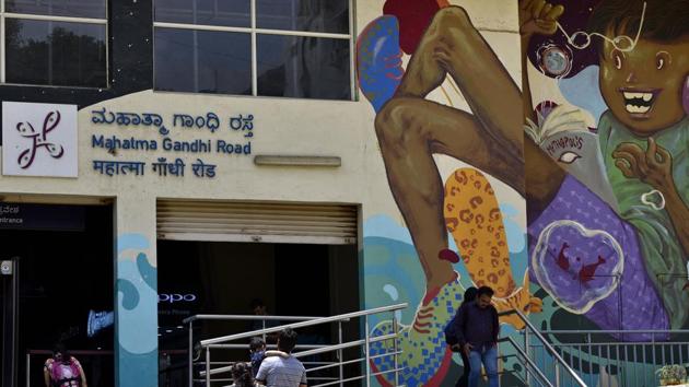 Signage at Mahatma Gandhi Metro station written in Hindi language along with English and Kannada in Bengaluru. People protested against the use of Hindi language in Namma metro stations. (Arijit Sen/HT File Photo) Signage at Mahatma Gandhi Metro station written in Hindi language along with English and Kannada in Bengaluru. People protested against the use of Hindi language in Namma metro stations. (Arijit Sen/HT File Photo)