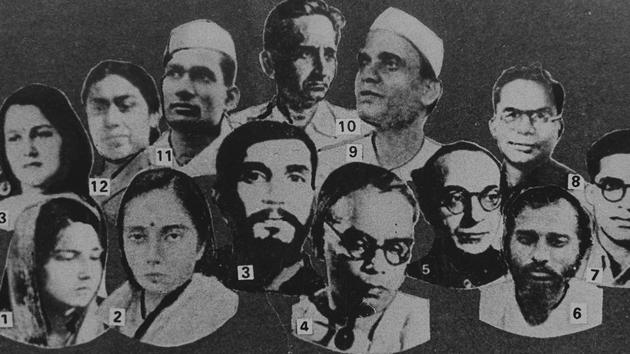 A poster of Aruna Asif Ali(extreme left, front) along with other revolutionary leaders of various underground movements. Aruna Asif Ali is widely remembered for hoisting the Indian National Congress flag at the Gowalia Tank maidan in Bombay during the Quit India Movement in 1942. (HT Photo)