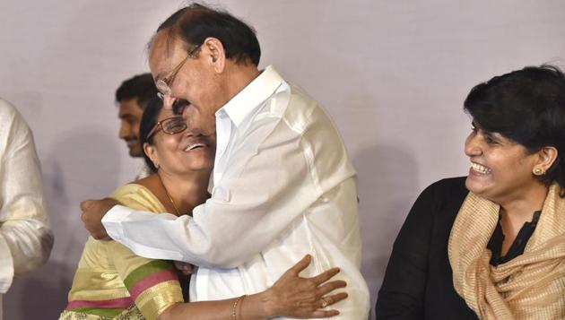 Vice President-elect M Venkaiah Naidu with his wife and family members in New Delhi, on August 5. (Arvind Yadav/HT File Photo) Vice President-elect M Venkaiah Naidu with his wife and family members in New Delhi, on August 5. (Arvind Yadav/HT File Photo)