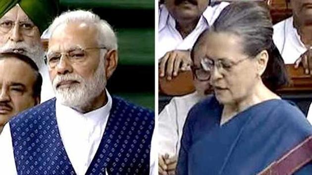 Prime Minister Narendra Modi and Congress president Sonia Gandhi in the Lok Sabha on August 9, 2017. (Lok Sabha TV) Prime Minister Narendra Modi and Congress president Sonia Gandhi in the Lok Sabha on August 9, 2017. (Lok Sabha TV)