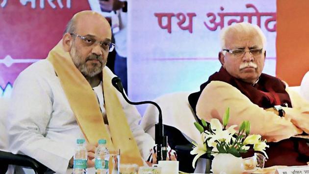 BJP National President, Amit Shah with Haryana Chief Minister Manohar Lal Khattar at a meeting of Pt. Deendayal Upadhyaya Karya Vistar Yojana in Rohtak on August 4, 2017. (PTI) BJP National President, Amit Shah with Haryana Chief Minister Manohar Lal Khattar at a meeting of Pt. Deendayal Upadhyaya Karya Vistar Yojana in Rohtak on August 4, 2017. (PTI)