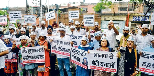 A protest in Chandigarh in the Varnika Kundu stalking case,   August 9. (Keshav Singh/HT)