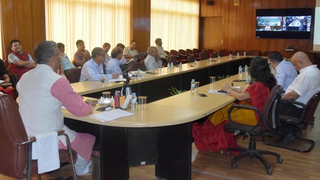 CM TS Rawat interacts with students via video conferencing from his office on Wednesday. (HT Photo) CM TS Rawat interacts with students via video conferencing from his office on Wednesday. (HT Photo)