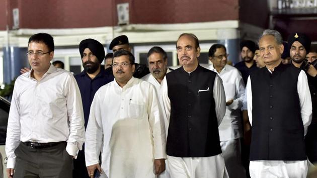 Congress leaders P Chidambaram, Ashok Gehlot, Ghulam Nabi Azad, Mukul Wasnik and Anand Sharma coming out of the Election Commission of India, in New Delhi. (PTI Photo) Congress leaders P Chidambaram, Ashok Gehlot, Ghulam Nabi Azad, Mukul Wasnik and Anand Sharma coming out of the Election Commission of India, in New Delhi. (PTI Photo)