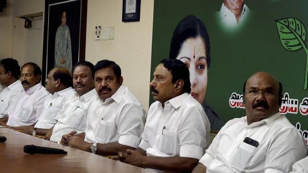 Tamil Nadu CM Edappadi K Palaniswami during a meeting with ministers and party's senior leaders at party's headquarters in Chennai.(PTI Photo) Tamil Nadu CM Edappadi K Palaniswami during a meeting with ministers and party's senior leaders at party's headquarters in Chennai.(PTI Photo)