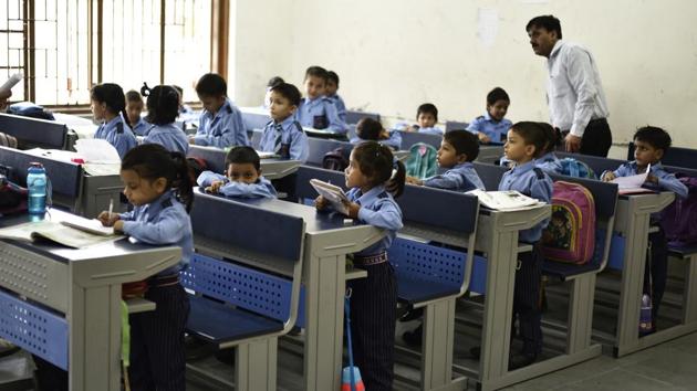 The government Sarvodaya co-ed senior secondary school in Rohini Sector 21, which was opened on April 1, boasts of a swanky building with 69 rooms, including yoga room, music room, mathematics laboratory, and science laboratory.(Burhaan Kinu/HT PHOTO)