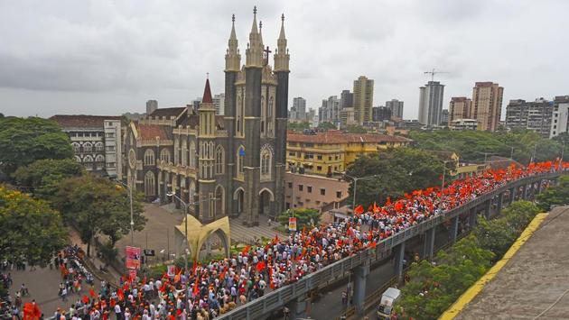 Though the march was slated for 11 am, groups began to assemble as early as 9 am. (Pratik Chorge/HT Photo) 