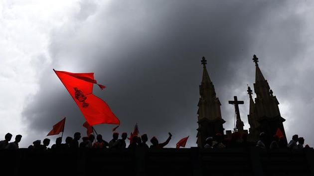 Protesters pass next to Gloria Church. This is likely to be the last rally for the Maratha community. It is their third attempt to hold a march in Mumbai after the first two failed following internal differences. (Pratik Chorge/HT Photo) 