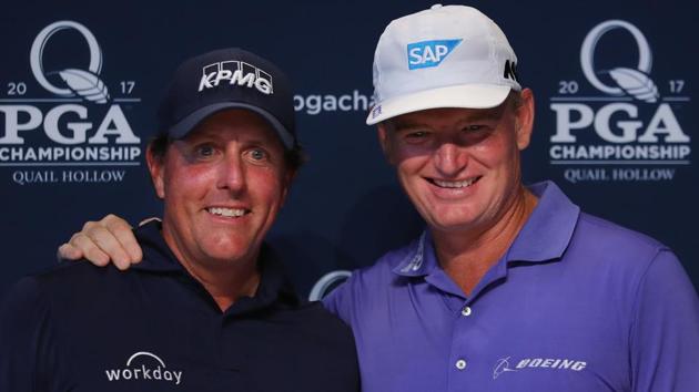 Phil Mickelson (L) and Ernie Els celebrate their 100th major championship during a press conference prior to the 2017 PGA Championship at Quail Hollow Club. (AFP) Phil Mickelson (L) and Ernie Els celebrate their 100th major championship during a press conference prior to the 2017 PGA Championship at Quail Hollow Club. (AFP)