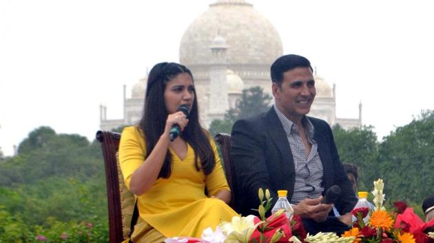 Akshay Kumar and Bhoomi Pedenkar during the promotion of Toilet: Ek Prem Katha in Agra. (IANS)