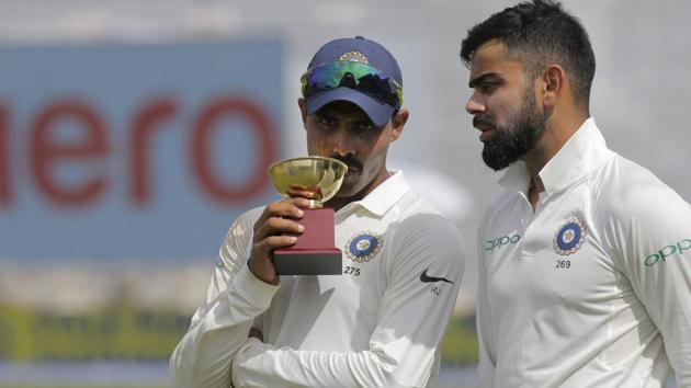 Ravindra Jadeja, left, holds the Man of the Match trophy as he listens to Indian cricket team captain Virat Kohli after their win over Sri Lanka in their second Test in Colombo on August 6. India won the match by an innings and 53 runs. (AP) Ravindra Jadeja, left, holds the Man of the Match trophy as he listens to Indian cricket team captain Virat Kohli after their win over Sri Lanka in their second Test in Colombo on August 6. India won the match by an innings and 53 runs. (AP)