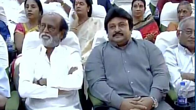Rajinikanth at the 75th anniversary celebration of DMK mouthpiece ‘Murasoli.’ (ANI Photo) Rajinikanth at the 75th anniversary celebration of DMK mouthpiece ‘Murasoli.’ (ANI Photo)