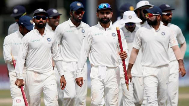 India's captain Virat Kohli celebrates with teammates after winning the second Test match against Sri Lanka. (REUTERS) India's captain Virat Kohli celebrates with teammates after winning the second Test match against Sri Lanka. (REUTERS)