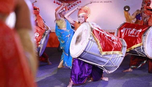 Members of various dhol tasha mandals participate in dhol tasha competitions being held across the city.(Rahul Raut/HT PHOTO)