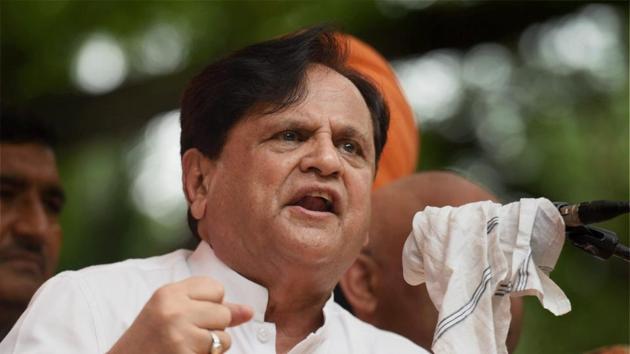 Congress Rajya Sabha member Ahmed Patel raises slogans while addressing Youth Congress protest in New Delhi on Thursday. (PTI Photo) Congress Rajya Sabha member Ahmed Patel raises slogans while addressing Youth Congress protest in New Delhi on Thursday. (PTI Photo)