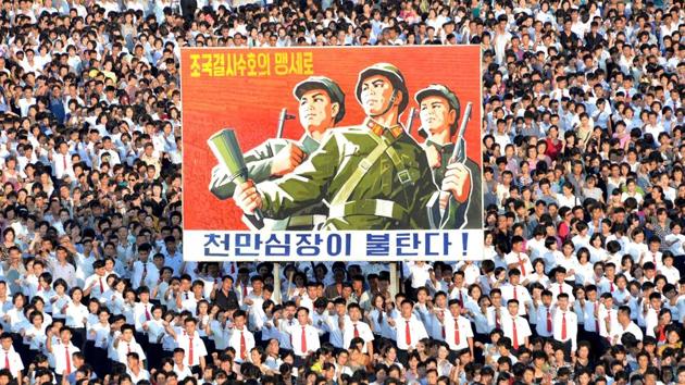 A rally in support of North Korea's stance against the US, on Kim Il-Sung square is seen on August 09, 2017 in Pyongyang. North Korea on August 10 said US President Donald Trump was "bereft of reason" and would only respond to force, as it elaborated on a threat to attack the US Pacific territory of Guam. (KCNA VIA KNS / AFP)