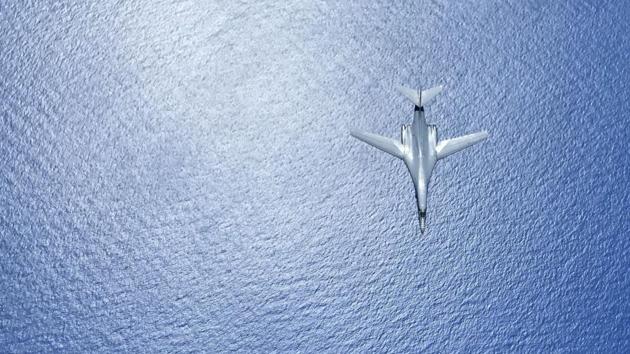 A US Air Force B-1B Lancer flies during a 10-hour mission from Andersen Air Force Base, Guam, flying in the vicinity of Kyushu, Japan, the East China Sea, and the Korean peninsula, on August 7, 2017. US Defense Secretary Jim Mattis warned North Korea on August 9, 2017, that it would be ‘grossly’ outmatched in any conflict with the US, telling Pyongyang to stop considering any action that risked ‘the destruction of its people’. (Gerald Willis / US Air Force / AFP)