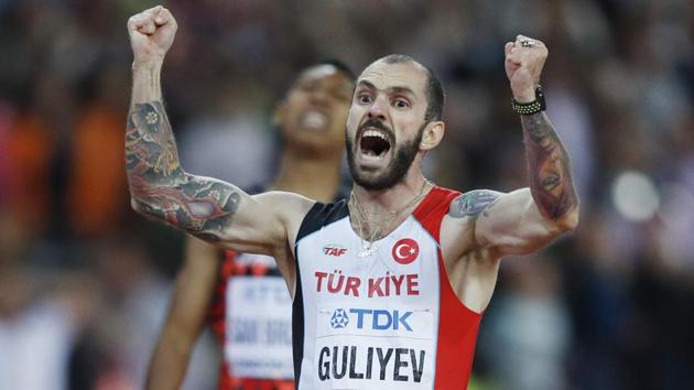 Ramil Guliyev reacts as he wins the final of the men's 200m athletics event at the 2017 IAAF World Championships.(AFP)