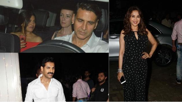 Madhuri Dixit, John Abraham and several other stars were present at the special screening of Toilet Ek Prem Katha in Mumbai.