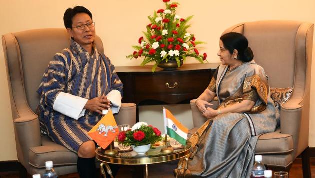 Indian foreign minister Sushma Swaraj and her Bhutanese counterpart Damcho Dorji during a bilateral meeting in Kathmandu on August 11, 2017. The foreign ministers are in Nepal for the BIMSTEC ministerial meeting. (AFP) Indian foreign minister Sushma Swaraj and her Bhutanese counterpart Damcho Dorji during a bilateral meeting in Kathmandu on August 11, 2017. The foreign ministers are in Nepal for the BIMSTEC ministerial meeting. (AFP)