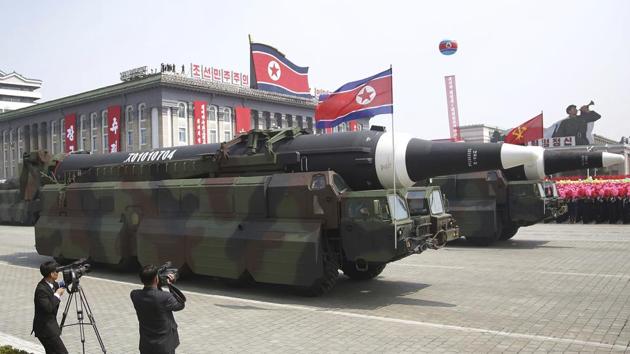 Analysts believe the picture could be the North Korean Hwasong 12 paraded across Kim Il Sung Square during a military parade in Pyongyang, North Korea.(AP File Photo)