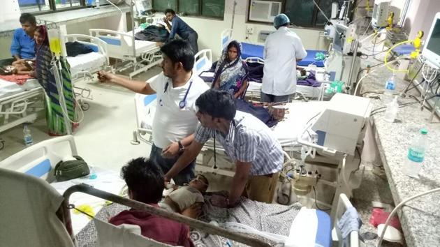 A scene at the encephalitis ward at BRD hospital in Gorakhpur on Saturday. (Deepak Gupta/HT Photo) A scene at the encephalitis ward at BRD hospital in Gorakhpur on Saturday. (Deepak Gupta/HT Photo)