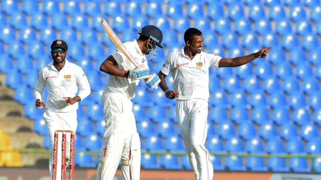 Vishwa Fernando celebrates with his teammates after he dismissed Ravichandran Ashwin. Catch highlights of India vs Sri Lanka, 3rd Test, Day 1 at Pallekele here. (AFP) Vishwa Fernando celebrates with his teammates after he dismissed Ravichandran Ashwin. Catch highlights of India vs Sri Lanka, 3rd Test, Day 1 at Pallekele here. (AFP)
