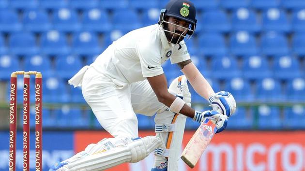 KL Rahul plays a shot during the first day of the third and final Test match between Sri Lanka and India. (AFP)