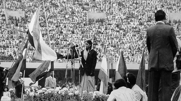 A view of the opening ceremony at the 1982 Asian Games held in New Delhi where Geeta Zutshi takes the athletes’ oath. New Delhi became the only other nation joining Bangkok to host multiple iterations of the Asiad on this occasion. A view of the opening ceremony at the 1982 Asian Games held in New Delhi where Geeta Zutshi takes the athletes’ oath. New Delhi became the only other nation joining Bangkok to host multiple iterations of the Asiad on this occasion.