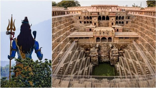 Back view of Lord Shiva in the land of Har ki Pauri (L) and the famous Chand Baori Stepwell in the village of Abhaneri, Rajasthan (R).(Shutterstock)