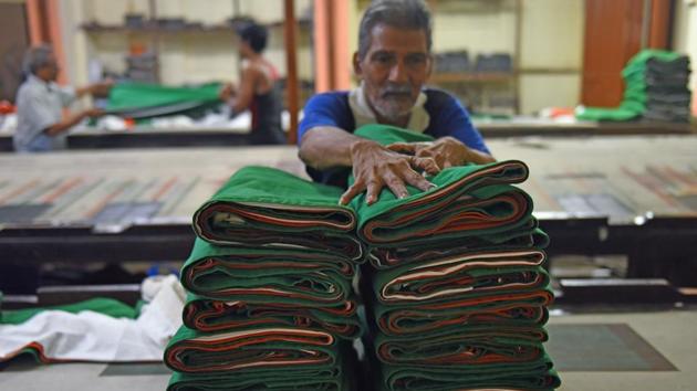 The flags are neatly folded and then stacked. (Satyabrata Tripathy/HT)