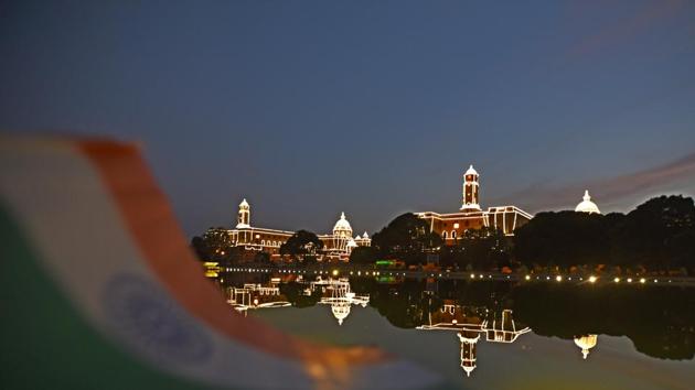 Illuminated Raisina Hill ahead of the of 71th Independence Day celebration in New Delhi on Saturday. (Sonu Mehta/HT PHOTO)