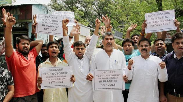 Jammu and Kashmir National Panthers Party (JKNPP) activists shout slogans during a rally in Jammu. (PTI File Photo) Jammu and Kashmir National Panthers Party (JKNPP) activists shout slogans during a rally in Jammu. (PTI File Photo)