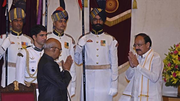 President of India Ram Nath Kovind administering the oath to M. Venkaiah Naidu as the 13th Vice-President of India at the Darbar Hall Rashtrapati Bhawan in New Delhi on Friday, August 11, 2017. (Sonu Mehta/HT PHOTO)