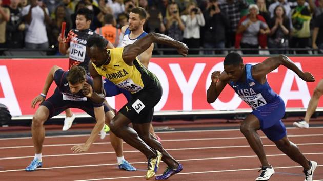 Usain Bolt took over the baton with Jamaica in third place in the race. (REUTERS)