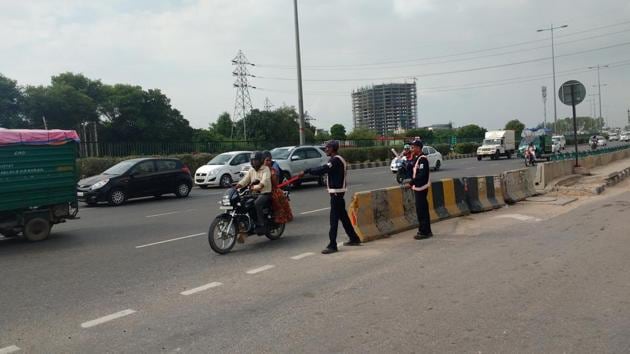 Some motorists had been taking the illegal U-turn since last week the NHAI enforced route diversions at the Signature Tower junction to pave way for the construction of an underpass and also blocked off a section of the road opposite Crowne Plaza hotel. Some motorists had been taking the illegal U-turn since last week the NHAI enforced route diversions at the Signature Tower junction to pave way for the construction of an underpass and also blocked off a section of the road opposite Crowne Plaza hotel.