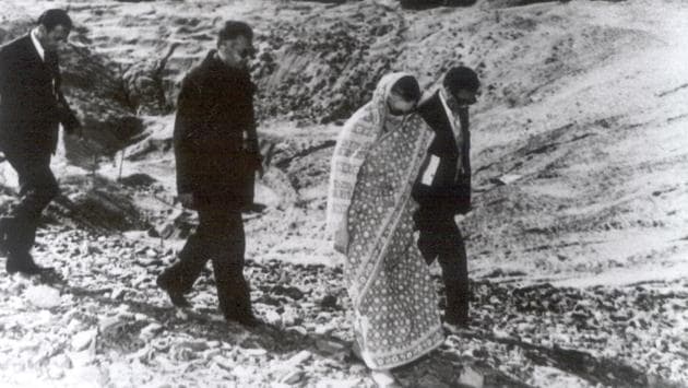 Prime Minister Indira Gandhi visits the site of India’s Peaceful Nuclear Explosion, code named Smiling Buddha at the Pokhran Test Range on May 18, 1974. The nuclear test drew concerns and criticism over the possibility of an accelerated nuclear programme. India eventually faced nuclear import sanctions from the Nuclear Suppliers group based on this explosion which lasted until 2008. (HT Archive) Prime Minister Indira Gandhi visits the site of India’s Peaceful Nuclear Explosion, code named Smiling Buddha at the Pokhran Test Range on May 18, 1974. The nuclear test drew concerns and criticism over the possibility of an accelerated nuclear programme. India eventually faced nuclear import sanctions from the Nuclear Suppliers group based on this explosion which lasted until 2008. (HT Archive)