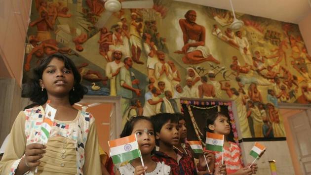Children celebrate Independence Day at Gnadhi Bhawan, Kolkata. (Samir Jana/HT Photo) Children celebrate Independence Day at Gnadhi Bhawan, Kolkata. (Samir Jana/HT Photo)