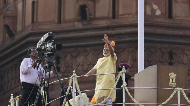 Prime Minister Narendra Modi at the Red Fort in Delhi on Tuesday. In a 57-minute speech, his fourth from the Red Fort, Modi touched upon many topics including security, demonetisation and black money and vowed to lead India “with a greater speed”.(Sonu Mehta/HT Photo)